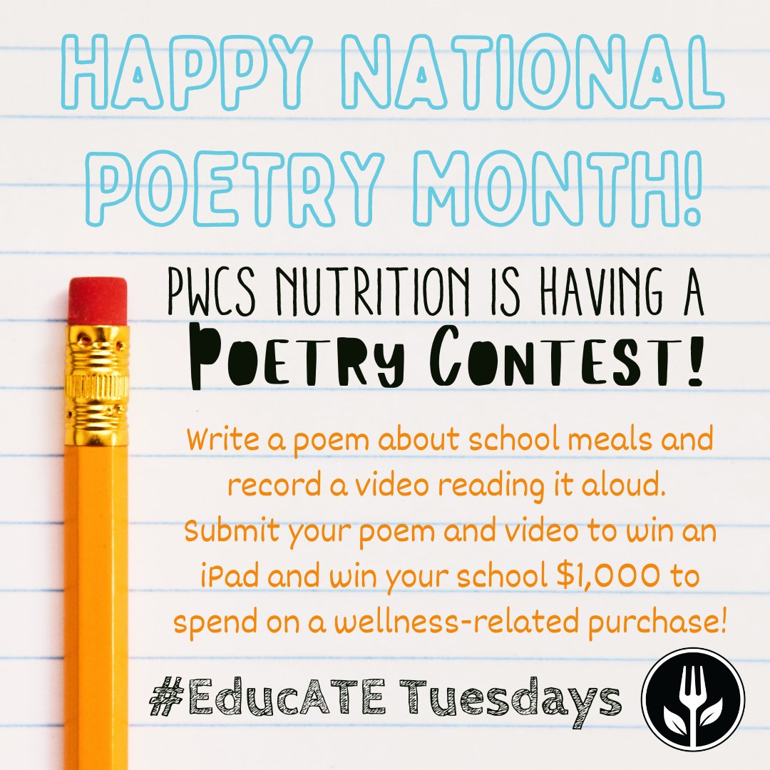 Hey @PWCSNews! Have you heard? We are having a Poetry Contest in April! Winning students will receive an iPad, and their school will receive $1,000 toward a wellness-related purchase of their choice. Ask your School Food Service Manager for contest details! #NationalPoetryMonth