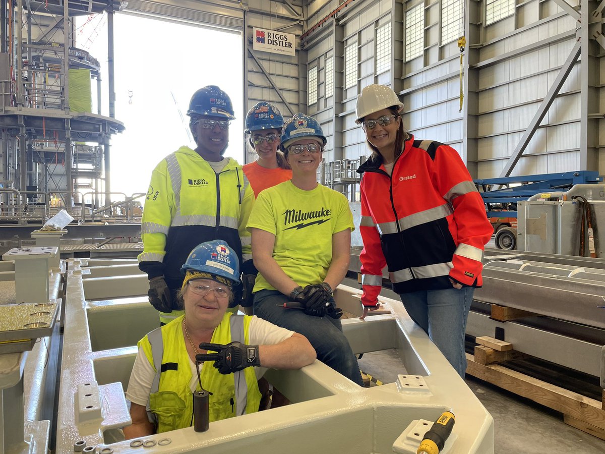 stephfrancoeur's tweet photo. A great afternoon touring @OrstedUS facility at #ProvPort. Massive structures being assembled by local union workers before they ship out to 🌊. #offshorewind is delivering jobs and regional capabilities for a new American industry. 

P.S. florescent yellow is not my color. 👷🏻‍♀️ https://t.co/vv512hz2Hk