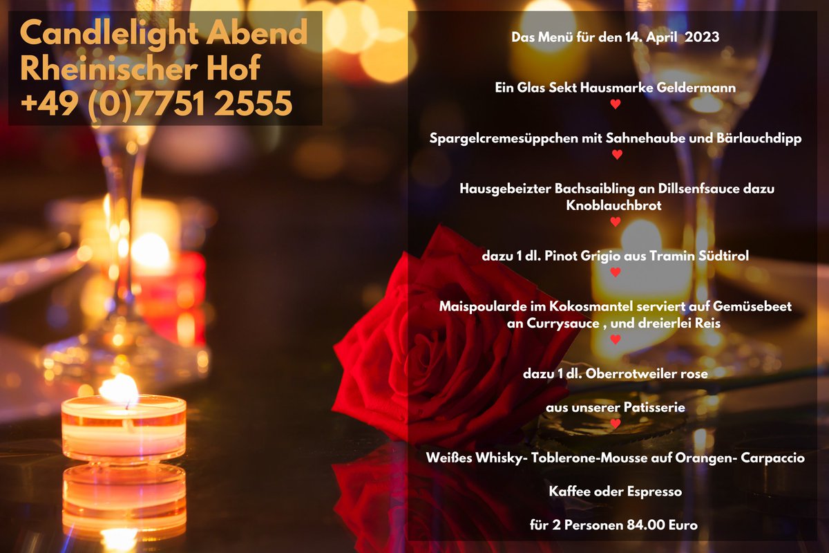 RHWaldshut's tweet photo. Am Freitag ist es wieder soweit: Candlelight Abend im Rheinischer Hof.

#rheinischerhofwaldshut #waldshut #werbeundfoerderungskreiswt #restaurant #germany #waldshuttiengen #schweiz #schwarzwald #rhein  #restaurant #food  #gourmet  #dinner #gastronomie #candlelightabend https://t.co/0c8bTbjVlw