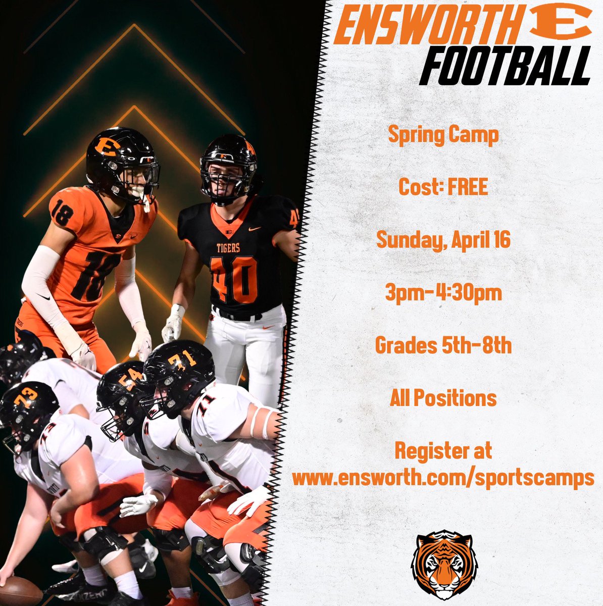 Roc Batten (@coachrocbatten) on Twitter photo Still time to register for our Free Football Camp on Sunday, April 16. Grades 5-8, 3pm-4:30pm
Register at Ensworth.com/sportscamps <a href="/EnsworthTigers/">Ensworth Athletics</a> <a href="/EnsworthFB/">Ensworth Football</a> <a href="/Ensworth/">Ensworth School</a> Still time to register for our Free Football Camp on Sunday, April 16. Grades 5-8, 3pm-4:30pm
Register at Ensworth.com/sportscamps <a href="/EnsworthTigers/">Ensworth Athletics</a> <a href="/EnsworthFB/">Ensworth Football</a> <a href="/Ensworth/">Ensworth School</a>