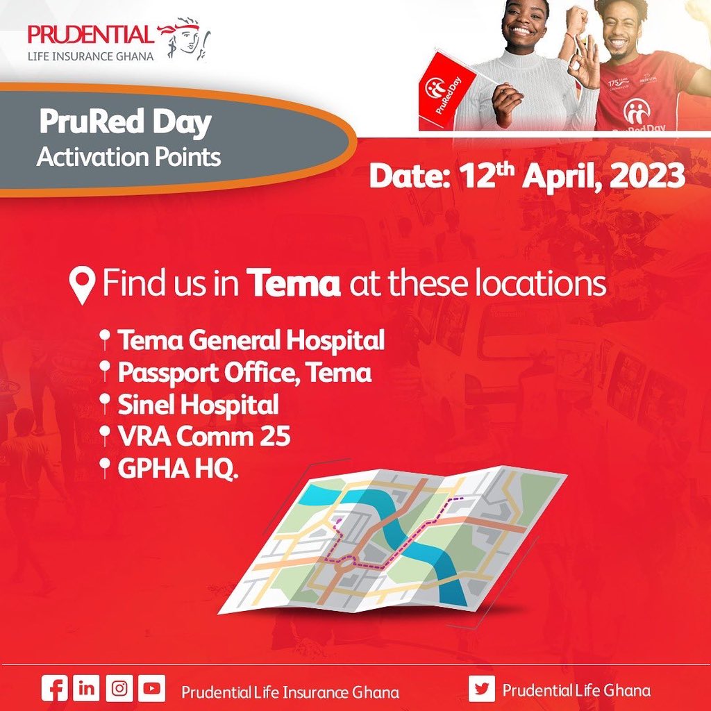 PruLifeGhana's tweet image. Hello Ghana! 
Get ready for PRURed Day! 
Our expert Prudential Agents and staff will be in Accra, Tema, Kumasi, Sunyani, Koforidua and Takoradi to answer all your life insurance questions. See flyers for the locations. 
Don't miss this! 
#PruRedDay #WeDo #Prulifegh #Ghana 

1/2