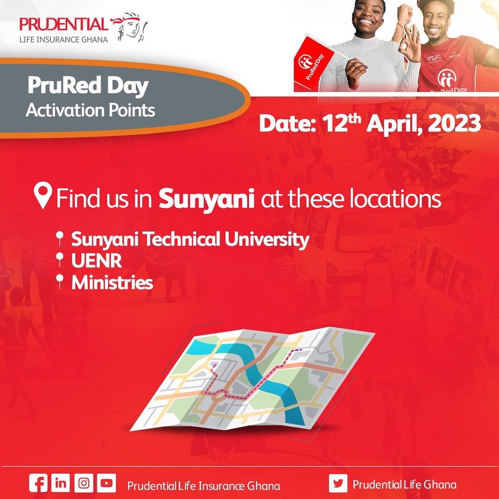 PruLifeGhana's tweet image. Hello Ghana! 
Get ready for PRURed Day! 
Our expert Prudential Agents and staff will be in Accra, Tema, Kumasi, Sunyani, Koforidua and Takoradi to answer all your life insurance questions. See flyers for the locations. 
Don't miss this! 
#PruRedDay #WeDo #Prulifegh #Ghana 

1/2