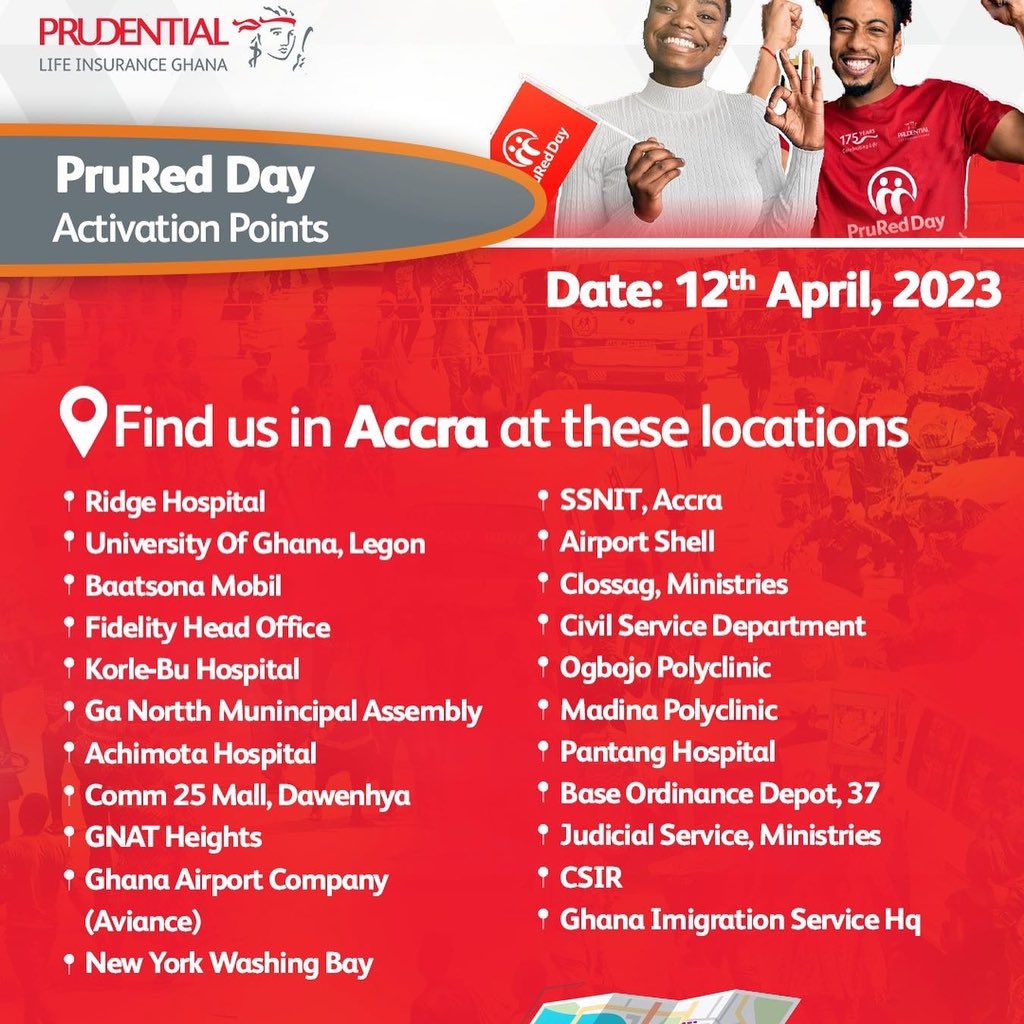 PruLifeGhana's tweet image. Hello Ghana! 
Get ready for PRURed Day! 
Our expert Prudential Agents and staff will be in Accra, Tema, Kumasi, Sunyani, Koforidua and Takoradi to answer all your life insurance questions. See flyers for the locations. 
Don't miss this! 
#PruRedDay #WeDo #Prulifegh #Ghana 

1/2