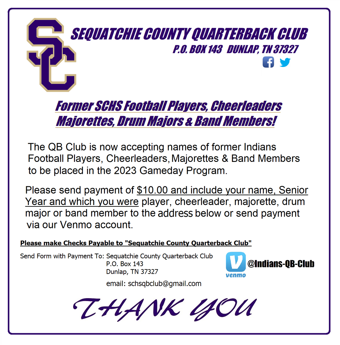 SCHSQBClub's tweet photo. We are now accepting the names of Former Indians Football players, Cheerleaders and Band Members to be placed in the Gameday Program along with Individuals or families that would like to be listed as Team Boosters. https://t.co/7ZwJoHz43B