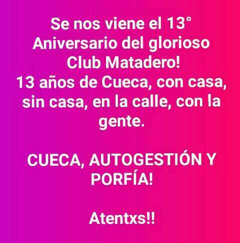 clubmatadero's tweet photo. 13° Aniversario del club Matadero!

Era que no!! Y que jué aquí estamos otra vez!!

@elclubmatadero
#clubmatadero 
#cuecachilena 
#cuequeros https://t.co/MCXJArZ10N