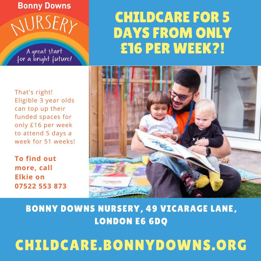 Register your child now for Bonny Downs Nursery! 
Nursery spaces from as little as £16 per week for 3 year olds!
To find out more, call Elkie on 07522 553 873