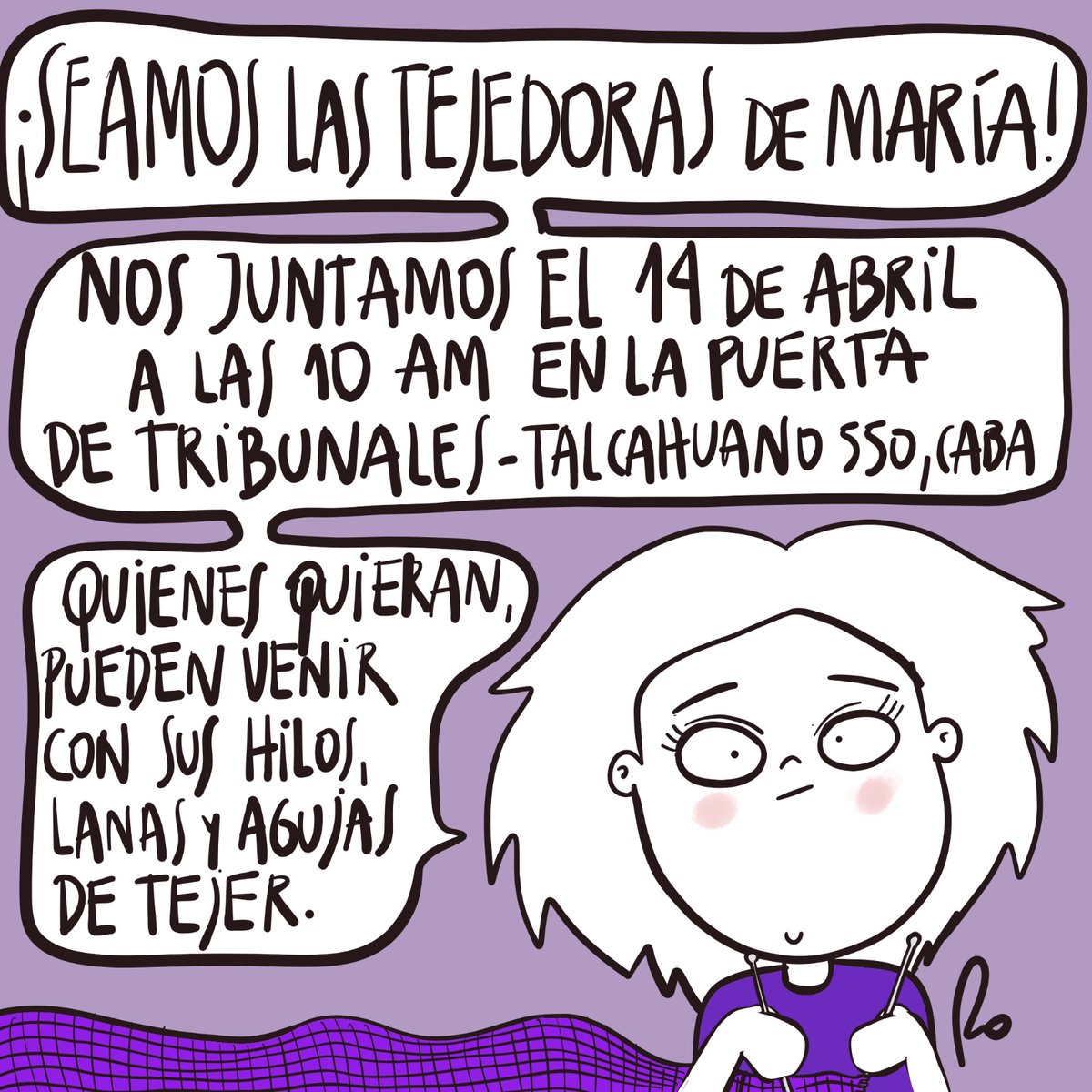 justiciax_maria's tweet photo. Seamos las tejedoras de María. Exijamos justicia por el #FEMICIDIO de María Isabel Speratti Aquino.Como dice @roferrerilustradora, tomando la iniciativa y convocatoria de @lobaizaestrada las que quieran, pueden traer sus hilos, lanas y agujas de tejer.
14/04 10Am

#justiciaxmaria https://t.co/pS4gFL8Z6k