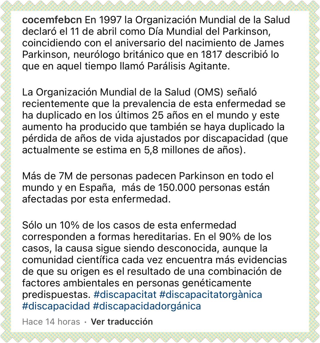 CocemfeBCN's tweet photo. Avui és el #DiaMundialDelParkinson Té més incidència en els països desenvolupats,possiblement a causa de l'exposició major a pesticides o altres toxines.A Catalunya hi ha diagnosticades 29.152 persones,d’edat mitjana 80 ñ les dones i 77 els homes. Al voltant del 8% són menors 65ñ https://t.co/fiiye7VeZx