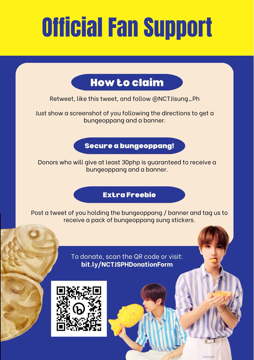 NCTJisung_Ph's tweet photo. ☄️ NCT Jisung Philippines Official Fan Support for #THEDREAMSHOW2_in_MANILA ☄️

We all know how #JISUNG loves this fish-shaped bread so for TDS2, will be giving bungeoppang and banners for our best boy 🐹

#BungeoppangForManilaBungppang 
#필리핀붕빵들을위한붕어빵 https://t.co/YjRJ8EHViL