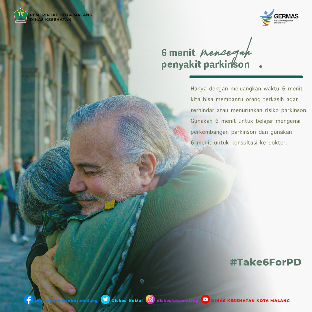Hallo #Nawakhealthies
Hari Parkinson Sedunia ke-26 ini mengusung tema #Take6ForPD. Gunakan waktu 6 menit kita untuk mencegah dan meningkatkan kepedulian kepada orang terkasih akan parkinson. Selamatkan sebelum terlambat

<a href="/KemenkesRI/">Kementerian Kesehatan RI</a> <a href="/PemkotMalang/">𝐏𝐞𝐦𝐞𝐫𝐢𝐧𝐭𝐚𝐡 𝐊𝐨𝐭𝐚 𝐌𝐚𝐥𝐚𝐧𝐠</a> <a href="/KominfoMalang/">Dinas Kominfo Kota Malang</a>