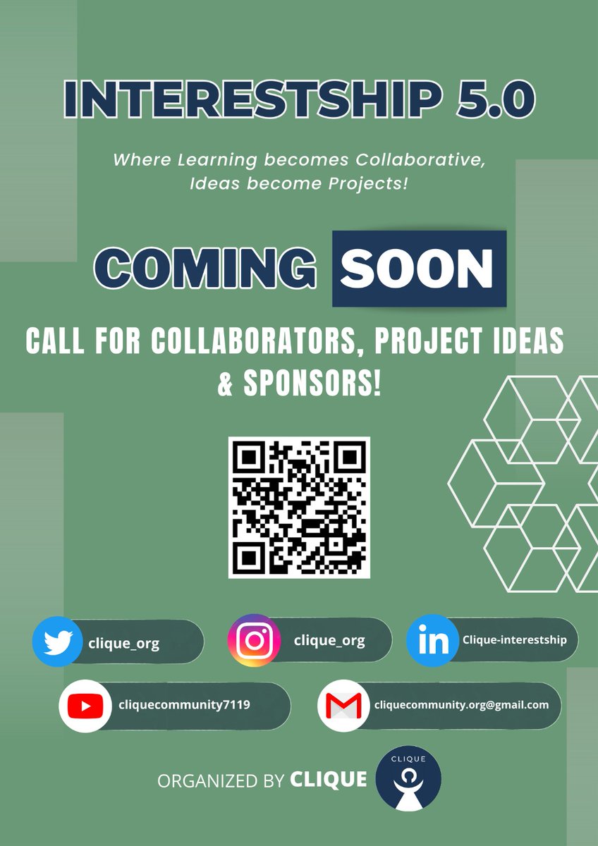 After accomplishing the 4 #successful versions of #Interestship, team #Clique is overwhelmed to announce its upcoming ‘INTERESTSHIP 5.0'!
We are hereby opening the call for #collaborators, #projects and #sponsors for our upcoming event.
Link to form:lnkd.in/dTXvKHeB
#event