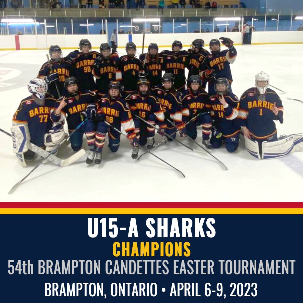 Congrats to the U15-A Sharks who won GOLD at the 54th Annual Brampton Canadettes Easter Tournament this past weekend. The Sharks went undefeated over a grueling 4 day tournament that started Thursday evening, and ended with 3 games on Sunday! Way to go Sharks!