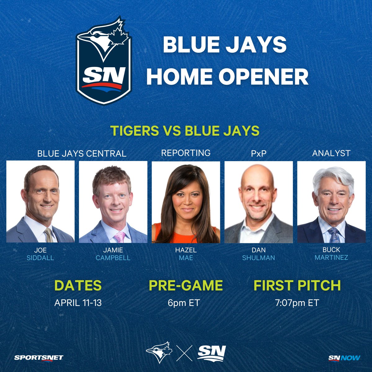 SportsnetPR's tweet image. Welcome home, @BlueJays!💙

#BlueJays home opener on @Sportsnet &amp;amp; SN NOW kicks off with a special 1hr edition of #BlueJaysCentral with @SNETCampbell &amp;amp; @SiddallJoe at 6pm ET/3pm PT!

@DShulman_ESPN &amp;amp; Buck Martinez have your call with @thehazelmae reporting🤩
