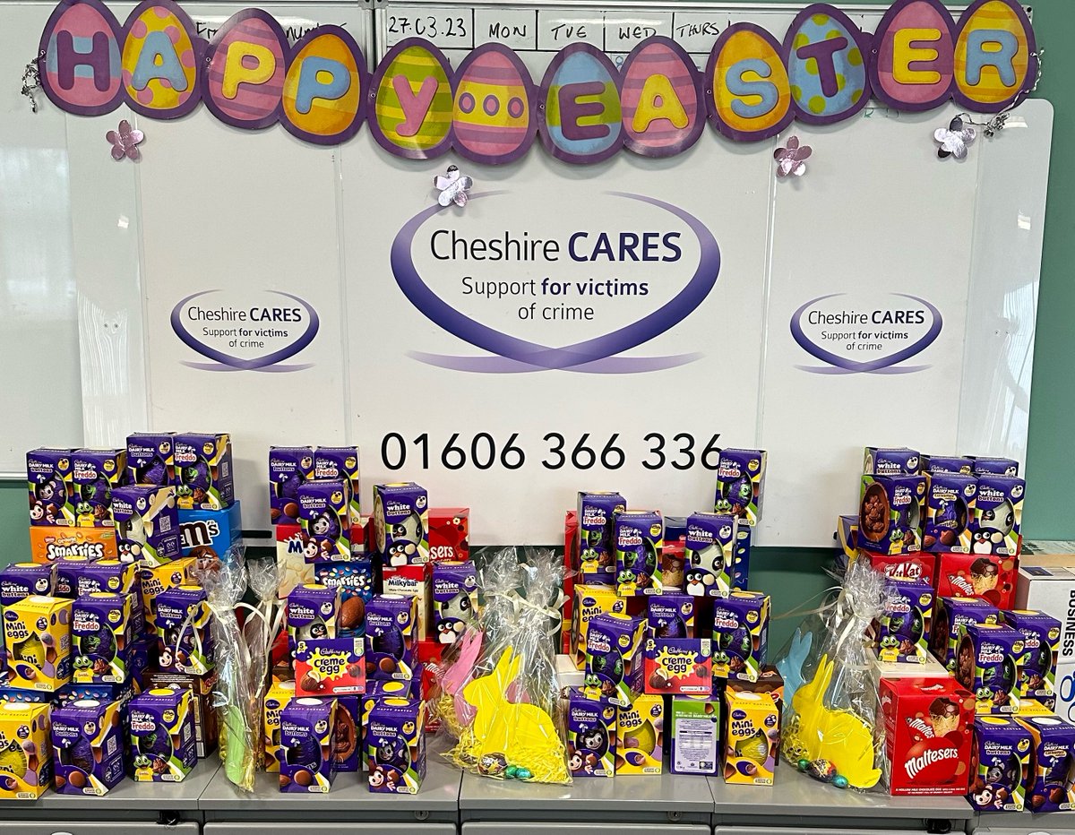 Cheshire CARES Easter Egg Appeal was a massive success, and we would like to thank everyone within the Cheshire Police family who contributed

Thanks to your generosity, we were able to donate 
112 Easter eggs between a selection of refuges   

Hope you all had a wonderful Easter