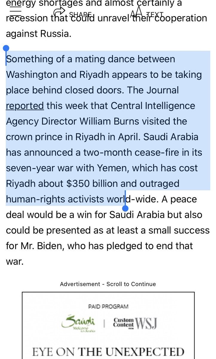 ٣٥٠ مليار دولار اي ما يعادل  تريليون و٣٠٠ مليار ريال سعودي تكلفة حرب اليمن حسب الوول ستريت جورنال.   wsj.com/articles/us-sa……