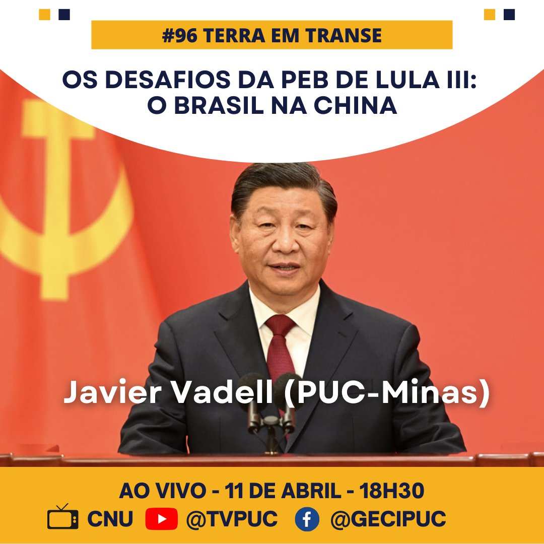 gecipuc's tweet photo. Terra em Transe #96 | Os Desafios da PEB de Lula III: O Brasil na China, com Javier Vadell (PUC-Minas)

Link de transmissão: https://t.co/5PswMIB9fh https://t.co/kXxuaWCwK1