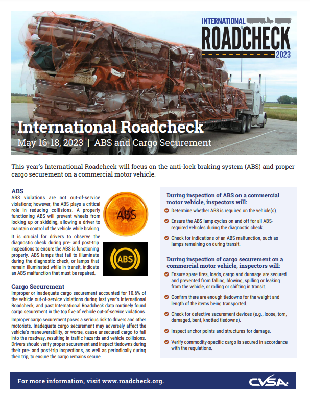 Roadcheck is coming. Here is the #CVSAFocusFlyer.  You can check out the @CVSA website for versions in French and Spanish.   #Roadcheck23 is May 16-18th.  #72HoursOfFun #ABS #LoadSecurement #Focus #RoadCheck2023 #CMVSafety #CDLLife #RoadsideInspections #Level1 #CleanInspections