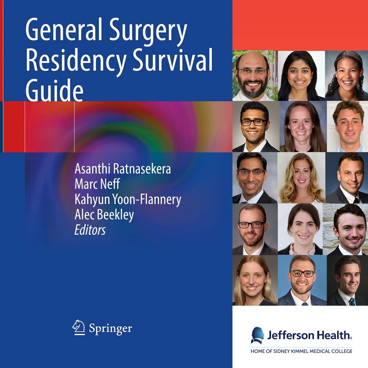 Perfect timing for recently matched #GenSurgMatch2023 interns! Our @TJUHospital @JeffersonUniv residents literally helped write the book on surviving (& thriving) during general surgery residency. The survival guide, co-edited by Dr. @alec_beekley, is available online...