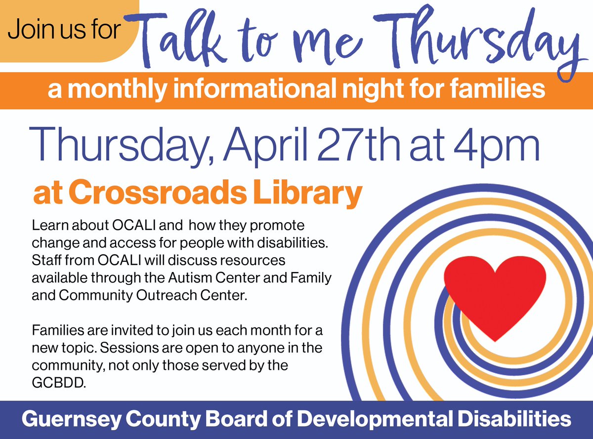 Join us for "Talk to me Thursday" at Crossroads Library on April 27th at 4pm to learn about everything OCALI has to offer.

"Talk to me Thursday" is a monthly informational night open to any family in the community.

RSVP by contacting Cheyenne at 740-439-1858 ext. 7.