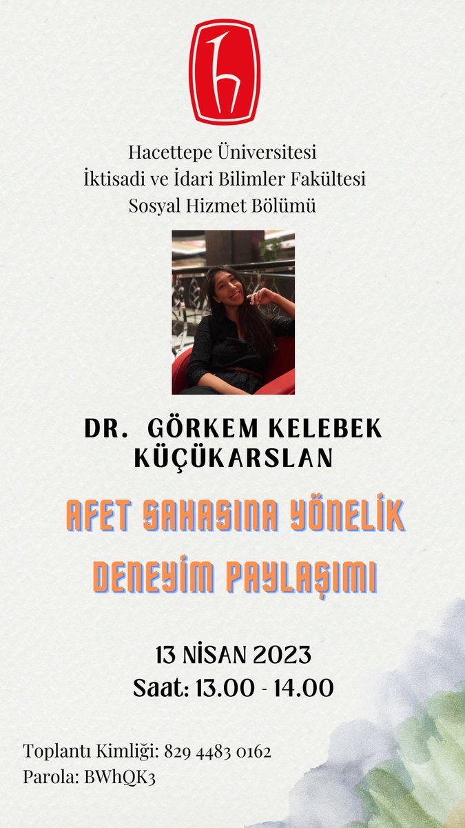 13 Nisan 2023 tarihinde saat 13.00’da Dr. Görkem KELEBEK KÜÇÜKARSLAN, "Afet Sahasına Yönelik Deneyim Paylaşımı" adlı konferans gerçekleştirecektir. Toplantıya katılım bilgileri afişte ve bölümümüzün web sayfasında yer almaktadır.