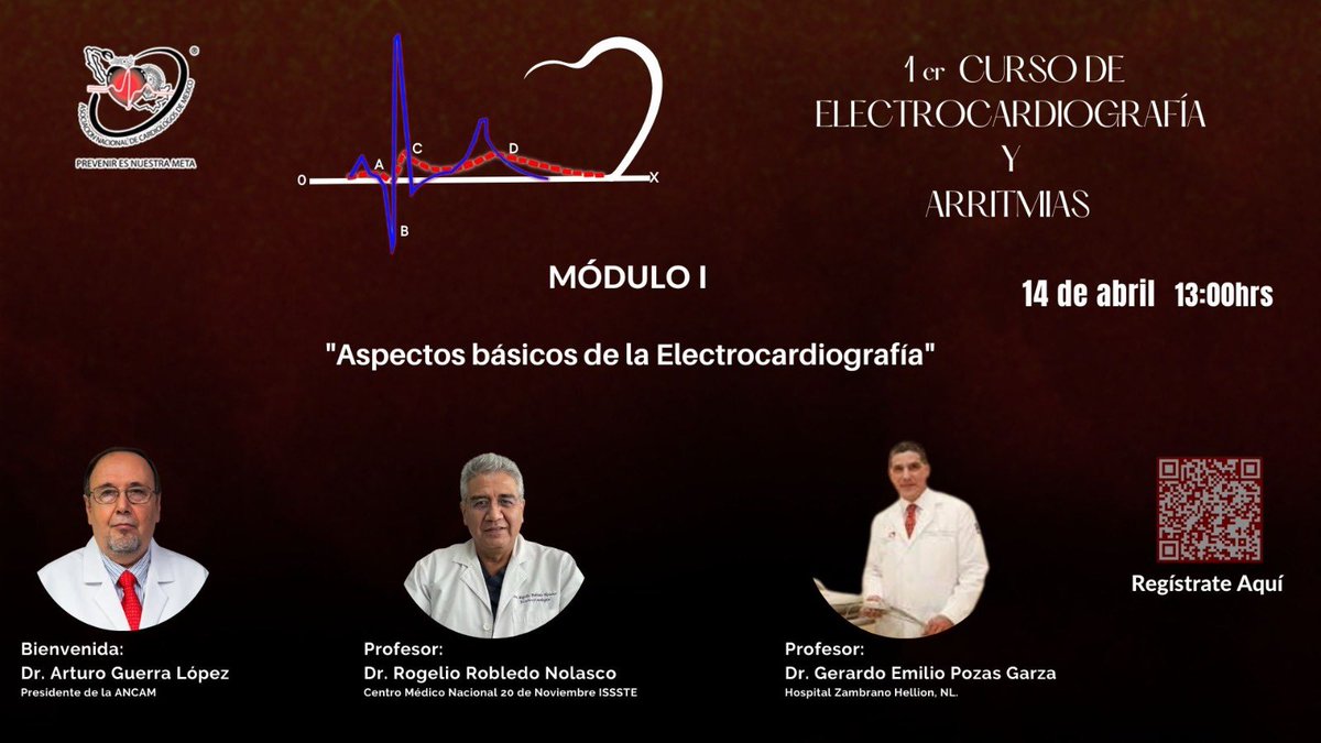 ANCAM_MEXICO's tweet photo. La #ANCAM te invita al  
♥️1er curso de Electrocardiografía y Arrirtimias.

♥️Curso práctico con aspectos actuales de la electrocardiografía.
🗓️Inicia 14 de #Abril2023 

Consulta los Módulos y regístrate AQUÍ ⬇️
https://t.co/jDc70pvKJ7

#SinCosto https://t.co/RhPV65kWE8