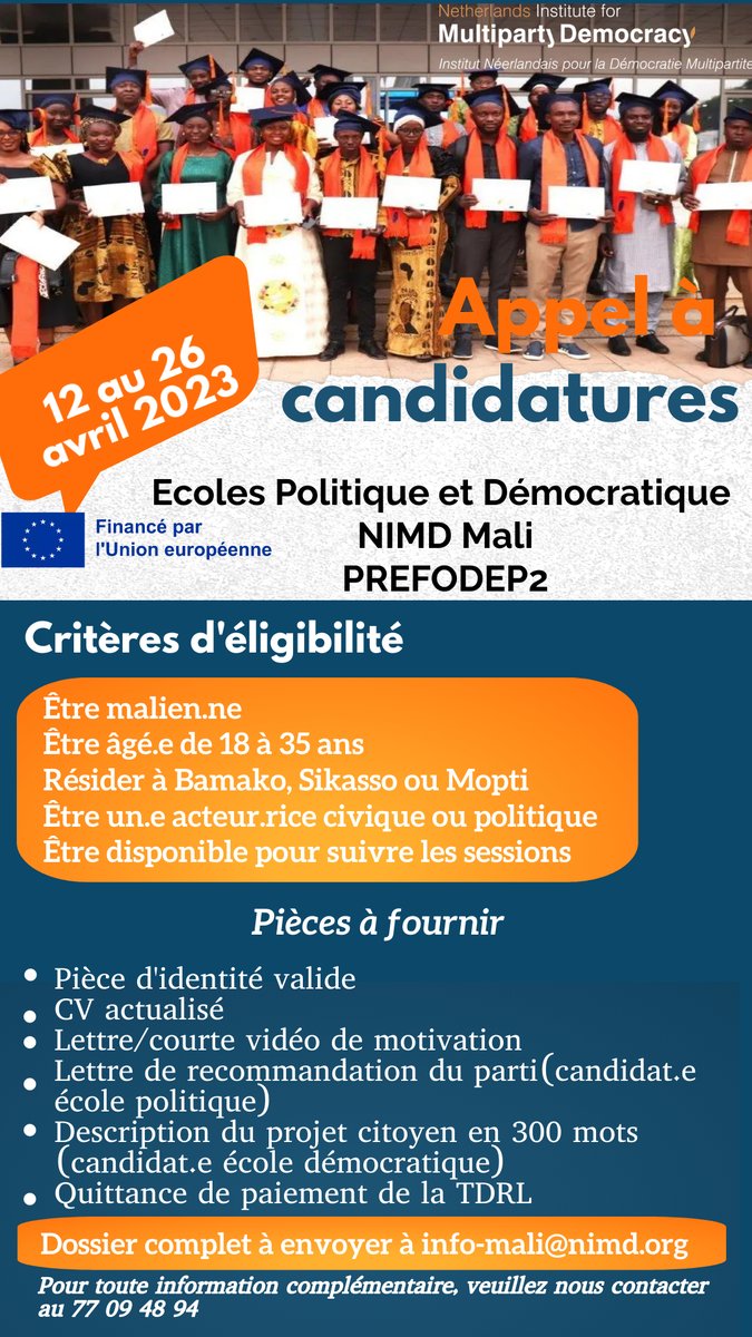 Appel à candidatures. C'est parti pour le recrutement des auditeurs de nos Écoles Politique et Démocratique! Postulez pour avoir l'opportunité d'y participer! On vous attend! #Démicratie #Mali #Prefodep @WeareNIMD