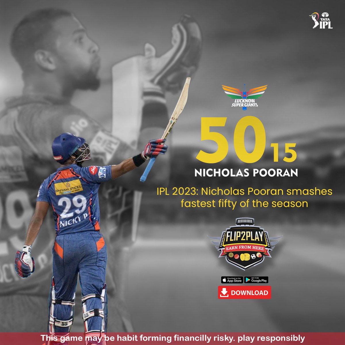 flip2play's tweet photo. With a flurry half-century, @nicholaspooran  of the Lucknow Super Giants changed the momentum of the match between Royal Challengers Bangalore, smashing a 15-ball half-century to break the record for fastest fifty of the IPL 2023.
.
.
.
.
.#ipl #cricket #viratkohli #msdhoni https://t.co/cSJP7xcCe3