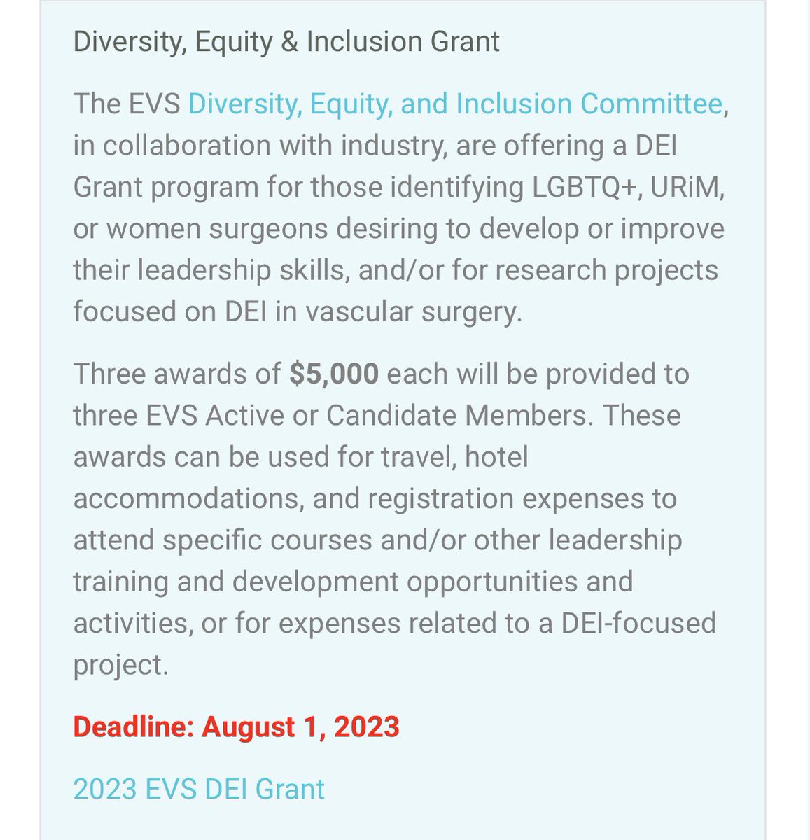 An amazing research grant/travel opportunity for trainees and active surgeons! events.easternvascular.org/scholarships-g… <a href="/RASACS/">RAS-ACS</a> <a href="/AmCollSurgeons/">American College of Surgeons</a> <a href="/BlackVascular/">Society of Black Vascular Surgeons</a> <a href="/VascularEVS/">Eastern Vascular Society</a> <a href="/KReyMD/">Kyle Reynolds, MD, RPVI</a> <a href="/tyingwithpolish/">Elsie Ross</a> <a href="/VascularSVS/">Society for Vascular Surgery</a>