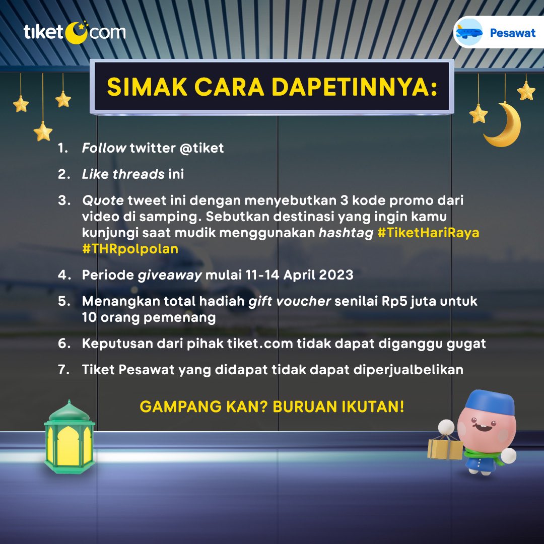 tiket's tweet photo. Berkah Ramadan, timin mau bagi-bagi hampers!🤗
Ayo ikutin giveaway-nya dan menangkan gift voucher senilai Rp5 juta untuk 10 orang pemenang!

Cek Syarat dan Ketentuannya di bawah ini, ya!😉

#TiketHariRaya #THRpolpolan https://t.co/qhJWgZwfMB