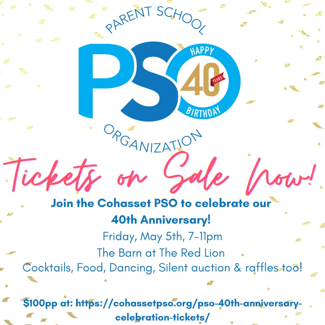 TICKETS ON SALE NOW! Join the PSO for our 40th Anniversary celebration on May 5th, at the Red Lion Inn for a night of Cocktails, Food, Dancing, Silent Auction and raffles too!
Visit cohassetpso.org/events/40th-an… for tickets.
Hope to see you there!