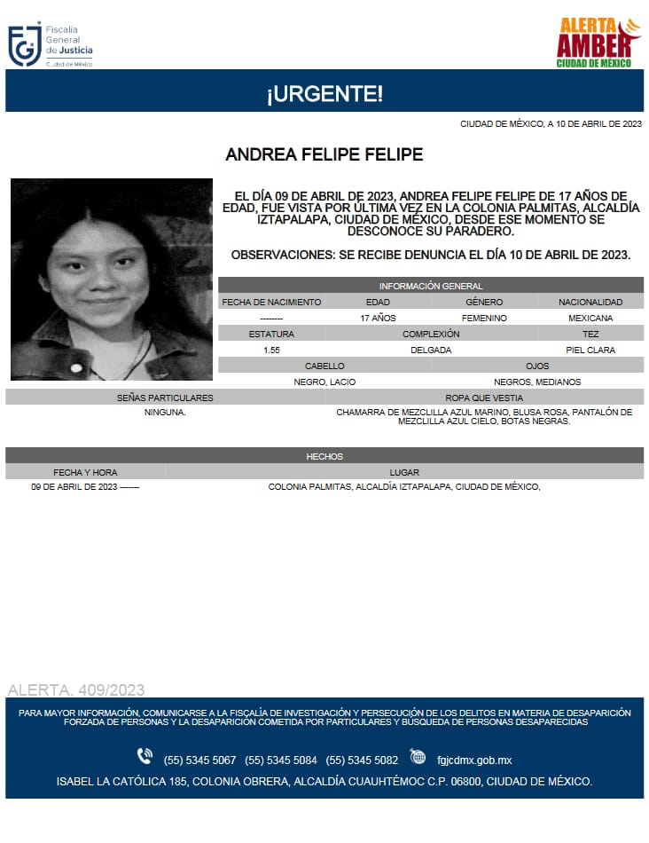 FiscaliaCDMX's tweet photo. Se activa #AlertaAmber para localizar a la menor de 17 años de edad, de nombre Andrea Felipe Felipe, fue vista por última vez, el día 09 de abril de 2023 en la colonia Palmitas, alcaldía Iztapalapa https://t.co/NKDmG0ejKE