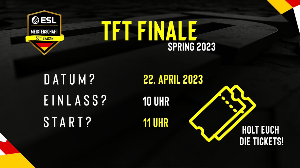 Der Ticket-Verkauf startet genau JETZT!
Sagt allen Bescheid: Das <a href="/ESLGermany/">ESL Germany</a> TFT Spring Final findet am 22.04.2023 im @Xperion_germany Berlin statt!

Tickets 📄: eventbrite.de/e/esl-meisters…

Wir freuen uns auf euch 🥳