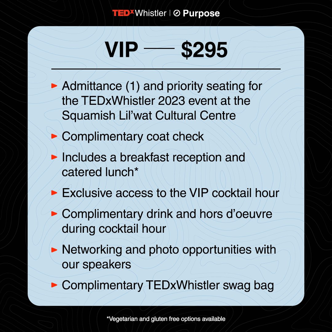 Have you purchased your tickets to our event in May? Tickets are selling fast!

Don't miss out on the chance to join us on May 7, 2023 at the <a href="/SLCCWhistler/">Squamish Lil'wat Cultural Centre in Whistler</a> to hear powerful ideas worth sharing about purpose and living a life of value. Visit tedxwhistler.com for more info.