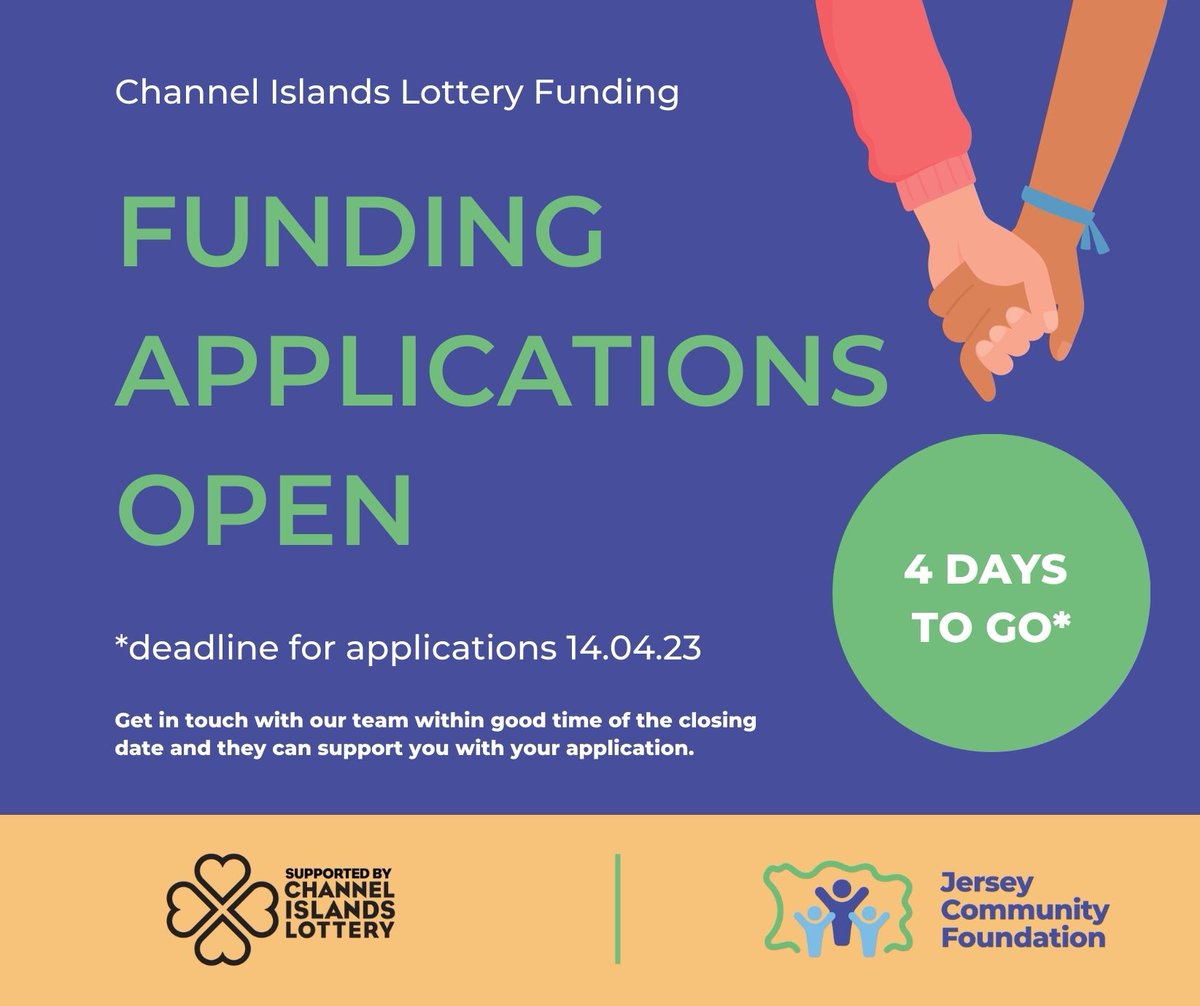 FUNDING AVAILABLE 👉 jerseycommunityfoundation.org/.../funding.../
There are 4 DAYS left to get your applications together and submitted for our Channel Islands Lottery Funding (deadline Friday 14th April) 

Visit our website to apply or email grants@jerseycommunityfoundation.org with any questions.