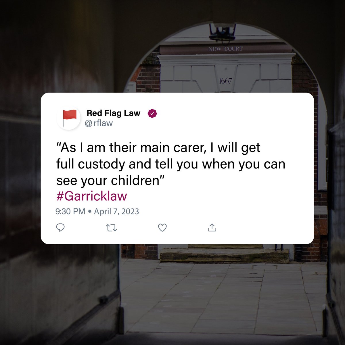garricklawltd's tweet photo. Red Flag Law 🚩 

How do I get to see my children?

We are able to advise and assist with Negotiations, Mediation and court applications for a Child Arrangement Order.

Contact Garrick Law to find out how we can assist you.
.
.
#familylaw #garricklaw #seperation #redflaglaw #law https://t.co/RztKbdbXYJ