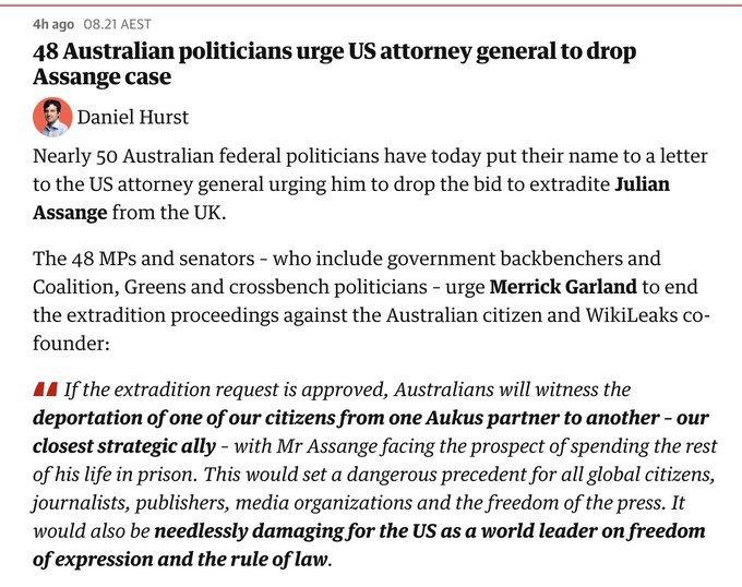 wikileaks's tweet photo. 48 Australian MPs sign open letter urging the US Attorney General to cease attempts to extradite Julian Assange as more than 30 British parliamentarians sign similar letter on the day the WikiLeaks publisher begins his 5th year incarcerated in the UK for publishing #JournalismIsNotACrime