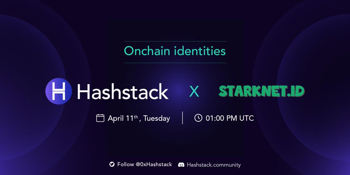 0xHashstack's tweet photo. We're going live at 1 pm UTC with the .@Starknet_id team to learn about onchain identities 🌻

Primary link: https://t.co/jQ4jstwlOV
Backup link: https://t.co/FSA8OoraEQ

🔗 .@Galxe OAT: https://t.co/iqenynl3zd https://t.co/Ht1cFnl6mB