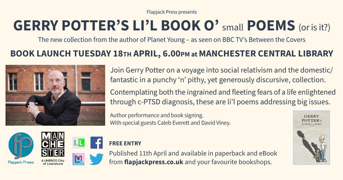 Join us on Tues 18 April for the book launch of @GerryPoetry's Li'l Book o' small Poems (or is it?). 6pm start at Manchester Central Library and free entry. Author performance and book signing - plus special guests. #poetry #LGBTQIA #PTSD #spokenword