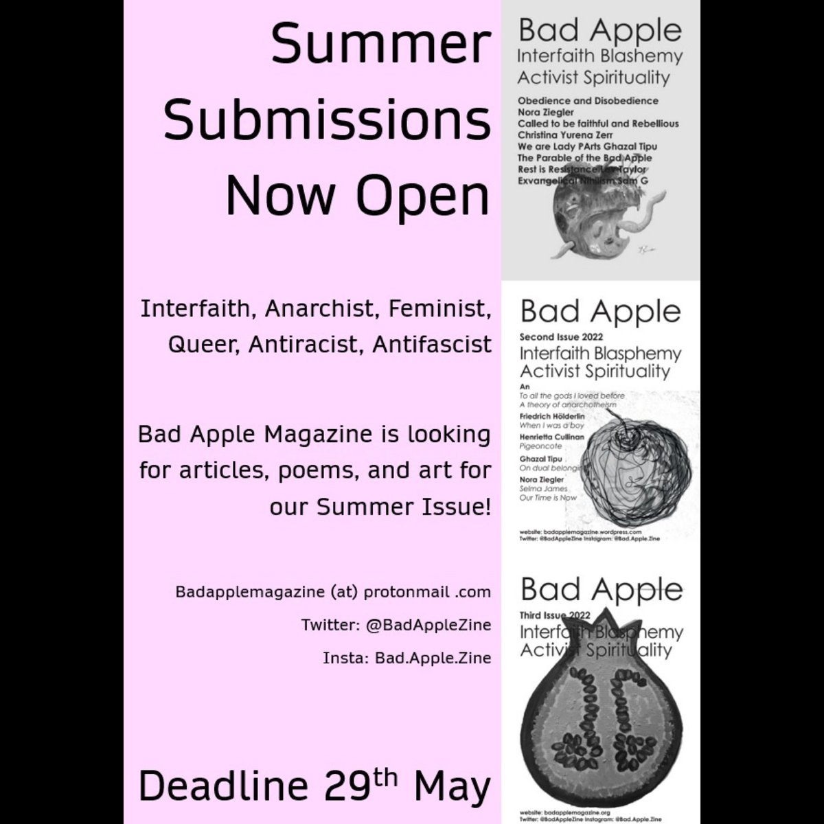 Bad Apple is on the hunt for submissions #interfaith #zine 
Poems, articles, drawings 
Deadline 29th May