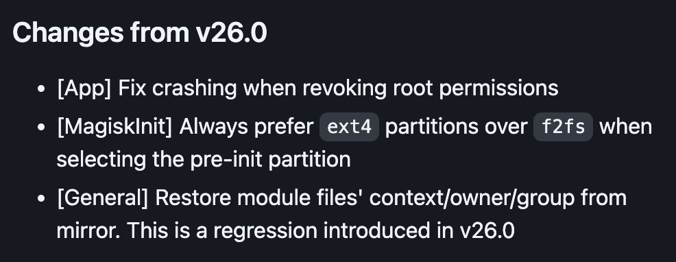 topjohnwu's tweet photo. Magisk v26.1 is now live on the stable channel!

Grab it now 👉: https://t.co/T1qThx2CBx https://t.co/bxehd4mHxJ
