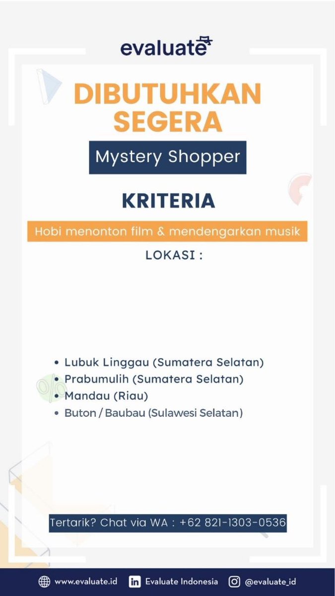 Dibutuhkan : Mystery Shopper yang hobi NONTON FILM &amp; DENGERIN MUSIK

Minat? Yuk Chat ke : 0821 1303 0536

cc <a href="/ezash/">Eza Hazami - ハザミ。エザ</a> <a href="/monicanggar/">Monica Anggar</a> @apamungkasa <a href="/angga_fzn/">Angga Fauzan </a> <a href="/srl789/">Samuel Ray</a> <a href="/hrdbacot/">HRD BACOT</a> <a href="/GhilmanAmri/">Ghilman Amri</a> @mas_recruiter