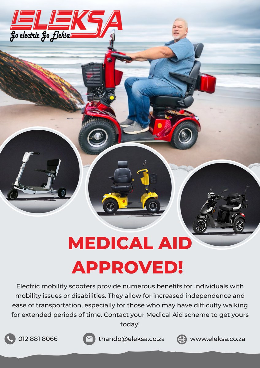 EleksaEV's tweet photo. Medical Aid approved electric mobility scooters for sale in South Africa at Eleksa: 012 881 8066
#DrNandipha Pretoria East Tanzania Minister of Electricity #adultingshowmax Dr Pashy Gold Mafia Bongani Fassie Ciara The N3 #Thobi #Sasol Kasich #AskAMan #Qatar #Jupiter Mxit Samke https://t.co/Ebl69Y5VpG