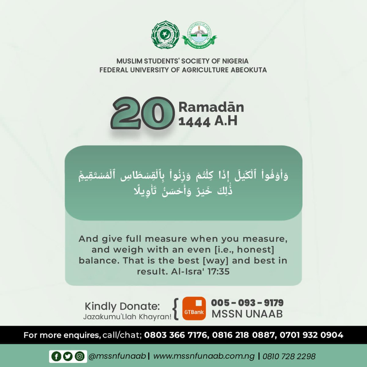MSSNFunaab's tweet image. 1444A.H RAMADAN - DAY 20

Allah hates those who don't give full measure.
-do not sell 9cups as 10cups
-do not change the petrol nozzle metre
--do not sell fake as original

Give full measure, weigh with an even balance. That's the best for you

#MSSNFUNAAB
#Ramadan
#Ramadan1444AH