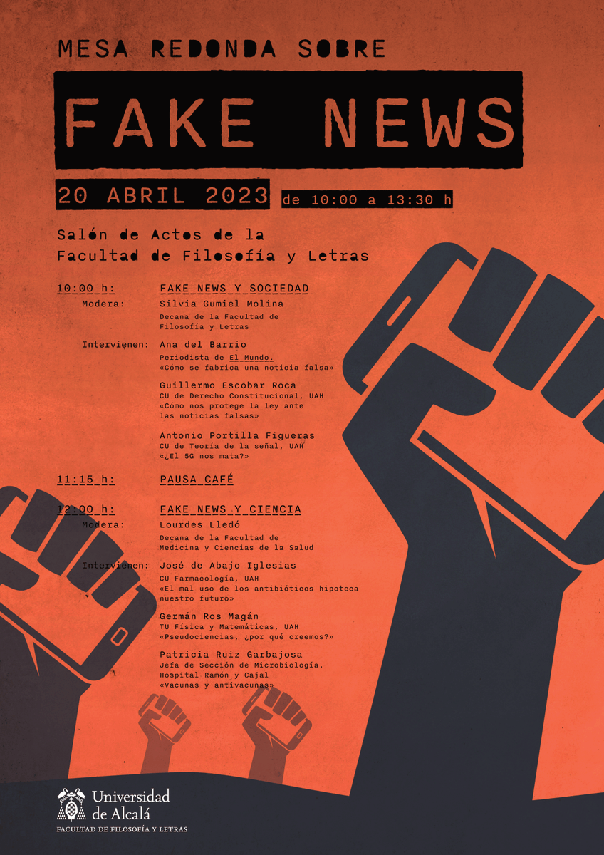 FiloyLetrasUAH's tweet photo. ⚠️MESA REDONDA SOBRE FAKE NEWS⚠️

🗨️Debatiremos sobre el poder de las fake new en la sociedad y su impacto en la ciencia.

⁉️¿Cómo se crean las fake news? ¿Cómo podemos protegernos de ellas? ¿Hacemos un uso correcto de los antibióticos ¿Nos afecta el 5G? ¿Son seguras las vacunas? https://t.co/ViOGEy2GAm