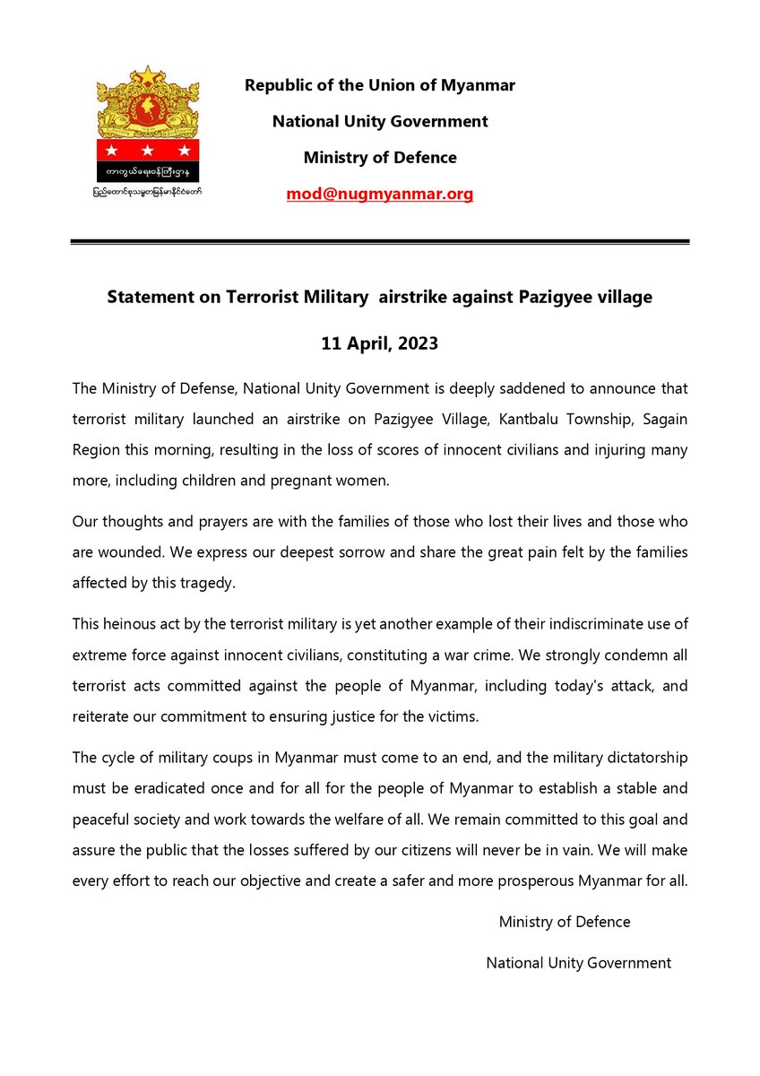 mod_nug's tweet image. Statement on Terrorist Military  airstrike against Pazigyee village
11 April, 2023
#WarCrimesOfJunta