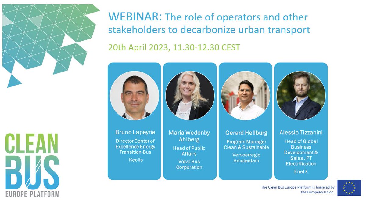 CleanBusEU's tweet photo. 🗓️💻On 20 April, join speakers from @groupekeolis, @VolvoBusGlobal, @Vervoerregio 
 @EnelXGlobal, &amp; @UITPnews for the next #CleanBusEUPlatform webinar “The role of bus operators &amp; other stakeholders to decarbonise urban transport”. 

More info + register👉
https://t.co/0In03J5RhK https://t.co/rHcprcX6SO