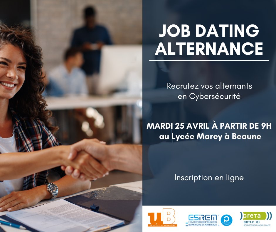 [Save the date]📣 L'ESIREM ouvre un Master #Cybersécurité en #alternance 
Vous souhaitez recruter vos collaborateurs ? 𝗥𝗗𝗩 𝗹𝗼𝗿𝘀 𝗱𝘂 𝗝𝗢𝗕 𝗗𝗔𝗧𝗜𝗡𝗚 📆 𝗠𝗮𝗿𝗱𝗶 𝟮𝟱 𝗮𝘃𝗿𝗶𝗹 𝗮̀ 𝟵𝗵 📍Inscriptions ➡ vu.fr/wkEz
<a href="/gretacotedor/">GRETA 21</a> @univbourgogne