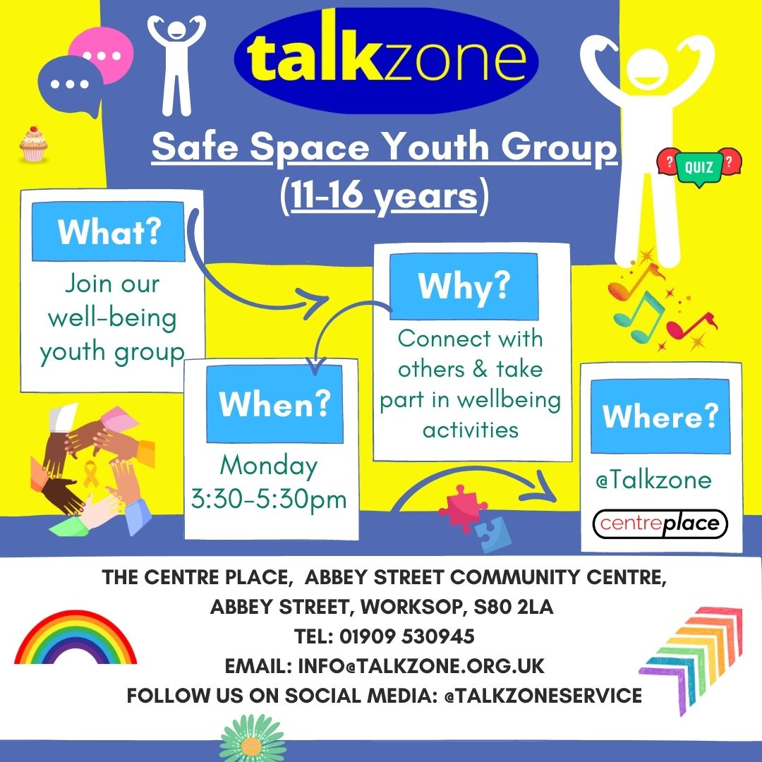 The new times of our 11-16 years Safe Spaces Youth Group will be 3:30pm to 5:30pm, starting Monday 17th April 2023 (after half term).
This is a great opportunity to engage in wellbeing activities and meet some new friends. For more info contact Kim /Bev on  01909 530943.