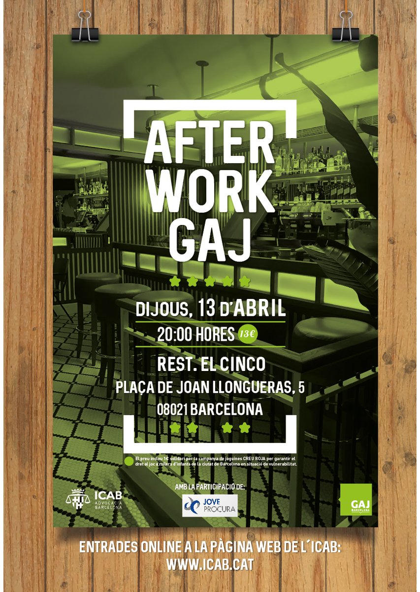 ICABarcelona's tweet photo. El dijous 13 d'abril de 2023, a les 20h, nou #AfterworkGAJ del @GAJBarcelona. Amb la participació de Jove Procura de @ProcuradorsICPB. Us hi esperem! https://t.co/41Gks1Pdn6 https://t.co/cc3eupzCBD