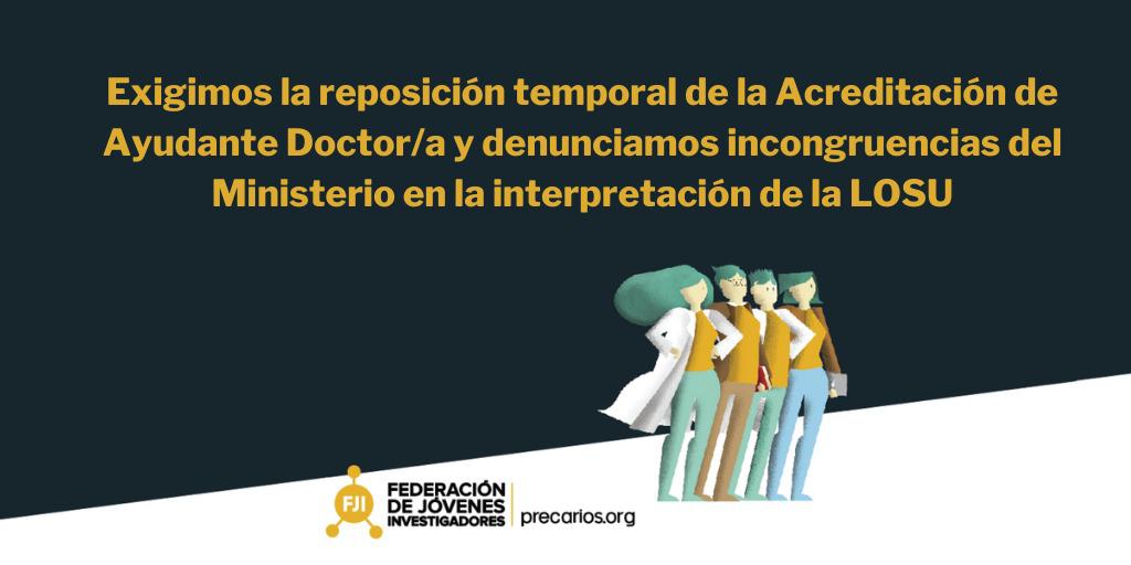 FJIprecarios's tweet photo. 📢 Desde la federación, exigimos la reposición temporal de la Acreditación de Ayudante Doctor/a (#PAD) por considerar su eliminación repentina y denunciamos incongruencias de @UnivesidadGob en la interpretación de la #LOSU .

Te contamos por qué 👇(1/10)
Comunicado (10/10)🔗 https://t.co/zvxoDhuFQ5